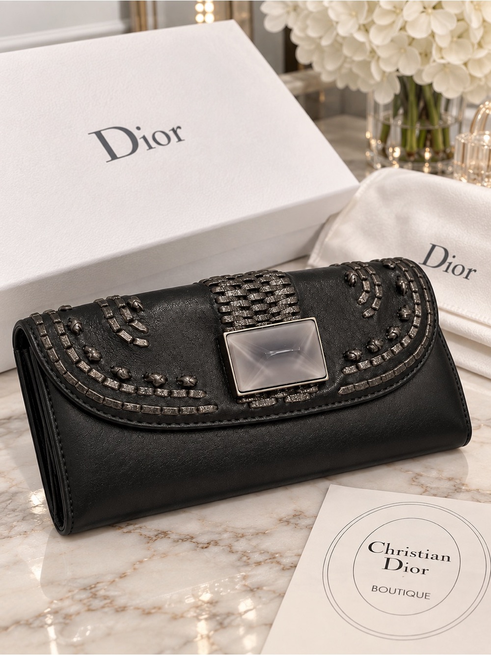 Christian Dior Plissé Black Leather Embellished Long Wallet – New in Box